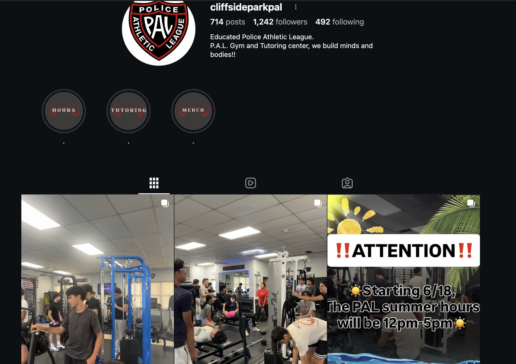 Screenshot of Cliffside Park PAL Instagram profile